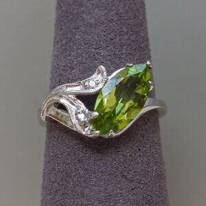 10K White Gold Marquise Peridot & Diamond Leaf-Swirl Ring, Sz 5.75— Hallmark USA